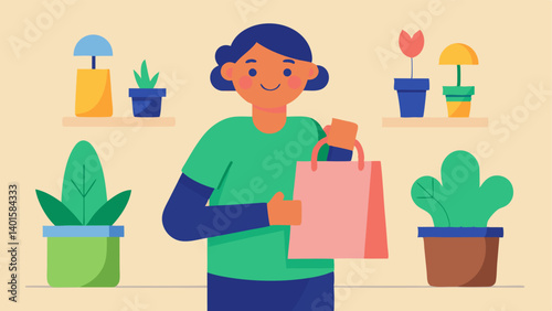 Happy Shopper with Reusable Bag A cheerful shopper carrying a colorful reusable shopping bag filled with ecofriendly gift wraps standing in a vibrant marketplace with potted plants