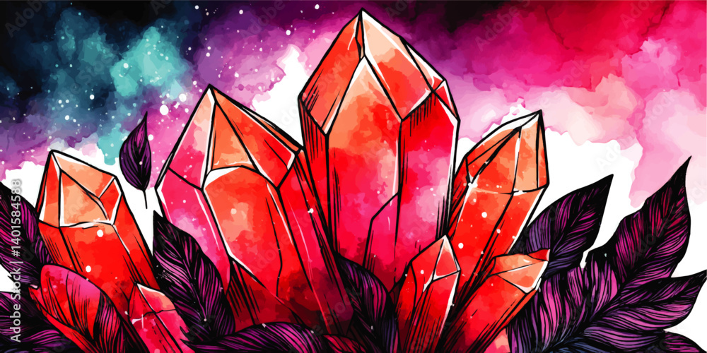 Mystical Watercolor Vector Illustration of Vibrant Crystals Surrounded by Rich Purple Leaves on Cosmic Galaxy Background Ideal for Spiritual Art and Design Projects