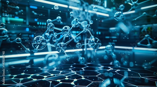 3d holographic representation of acetone molecules floating a futuristic chemistry lab photo