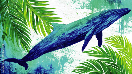 Obraz na płótnie Stunning Blue Whale Vector Illustration with Lush Tropical Palm Leaves Background Perfect for Ocean Themed Projects Nature Inspired Designs and Marine Life Graphics w salonie
