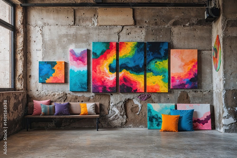 Fototapeta premium Vivid Art Canvas Showcase on Historic Concrete Wall in Creative District