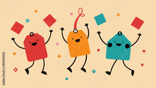 Group Dance A gaggle of animated price tags holding hands forming a circle their feet bouncing in rhythm as they celebrate Black Friday with festive confetti falling around them.