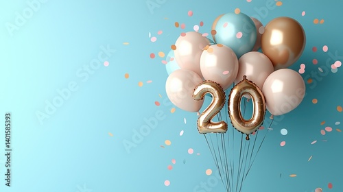 Celebratory '20' foil balloon arrangement with balloons and confetti on a blue background