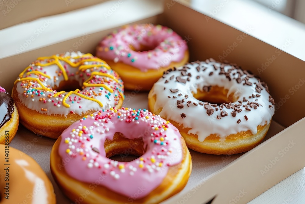 Several colorful frosted donuts in a cardboard box are visible Several colorful frosted donuts in a cardboard box are visible