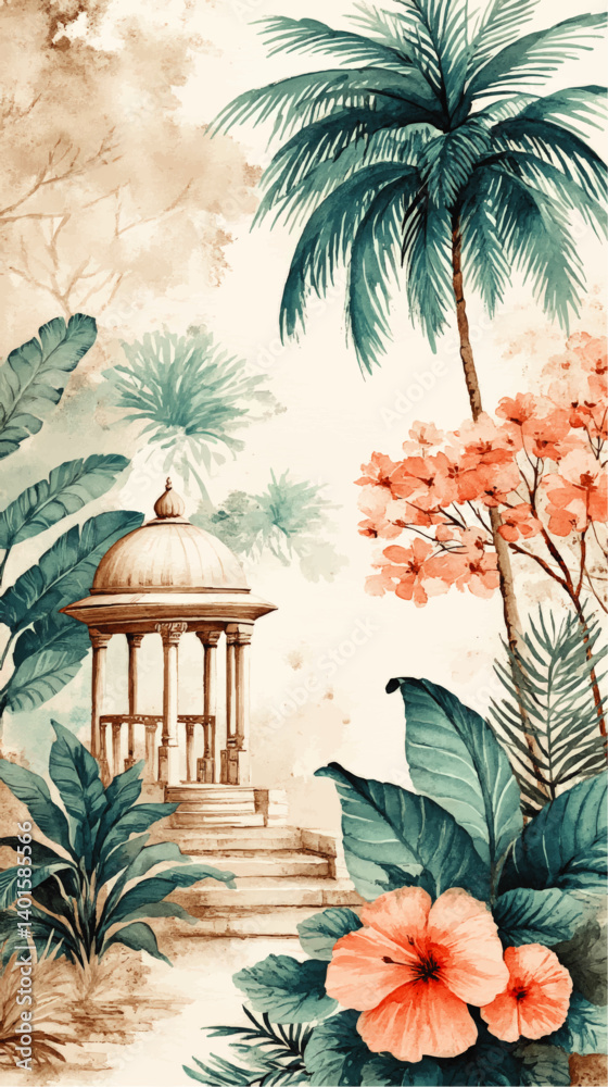 Beautiful Watercolor Vector Illustration of Tropical Scene with Exotic Palm Trees Hibiscus Flowers Garden Pavilion Greenery Botanical Foliage Floral Design Art