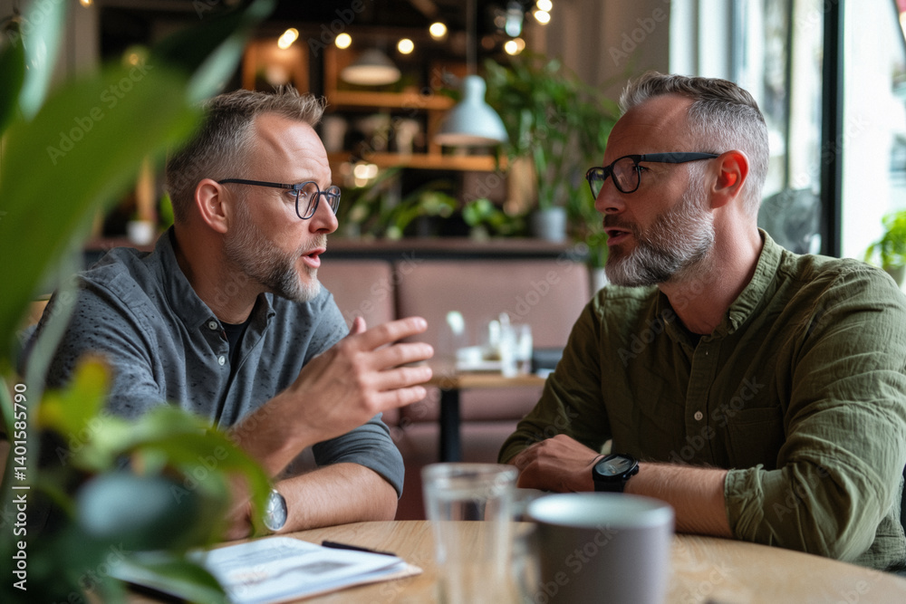 Two men in a cafe discussing business strategy ideas Two men in a cafe discussing business strategy ideas