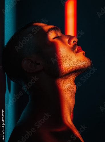 Serene male portrait bathed in red light