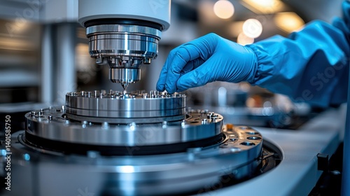 Precision Engineering: A Close-Up of a Gloved Hand Operating Advanced Manufacturing Equipment