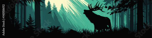 Majestic Elk Silhouette in Dense Forest with Sunlight Rays Vector Illustration Wildlife Nature Background for Adventure Outdoor Enthusiasts and Rustic Home Decoration