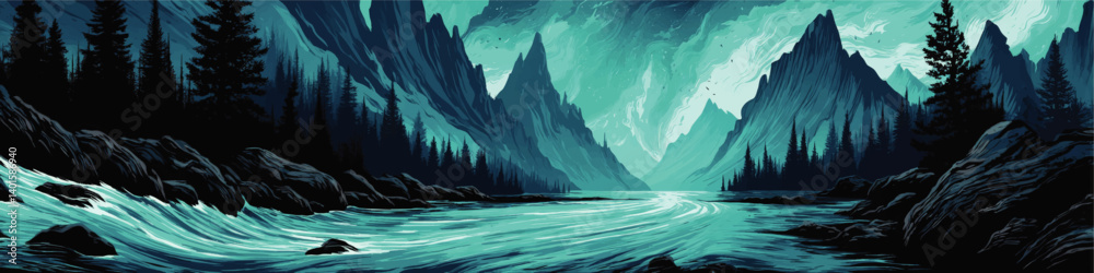 Breathtaking Vector Landscape Illustration Featuring Blue River Flowing Through Majestic Mountains Pine Forest Rocky Nature Scene Adventure Wilderness Panorama
