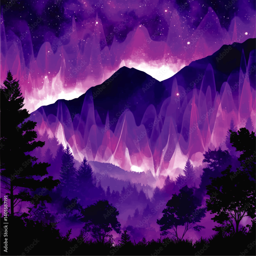 Mystical Purple Vector Landscape Featuring Starry Night Sky, Majestic Mountains, Aurora Lights and Silhouetted Forest Trees Ideal for Background and Graphic Design Projects
