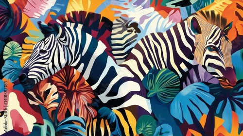 Fototapeta Naklejka Na Ścianę i Meble -  Vibrant Animal Silhouettes in a Stylized Landscape at Sunset Showcasing Colorful Wildlife in an Imaginative Art Piece