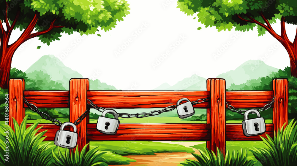 Vector illustration of locked wooden fence secured with chains and padlocks in lush green landscape with trees mountains nature scenery security concept background