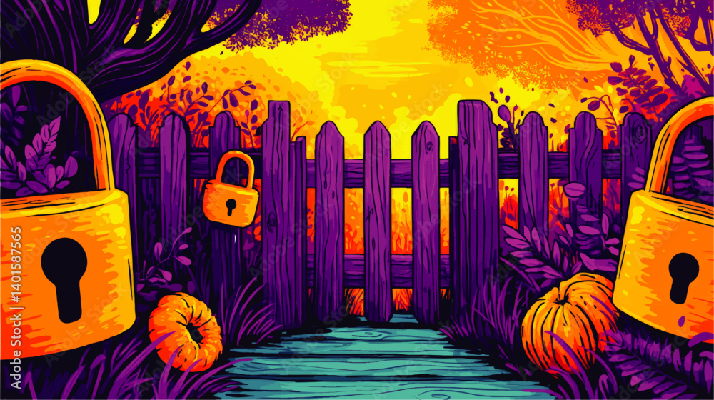 Vivid Vector Illustration of Wooden Fence Gate with Golden Locks Pumpkins and Lush Garden Foliage Themed in Mystical Autumn Sunset Purple and Orange Colors Background