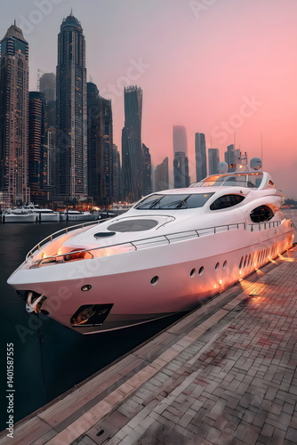 Luxury yacht docked in a stunning urban skyline at sunset in big city, showcasing modern architecture and vibrant colors
