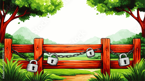 Obraz na płótnie Vector illustration of locked wooden fence secured with chains and padlocks in lush green landscape with trees mountains nature scenery security concept background w salonie