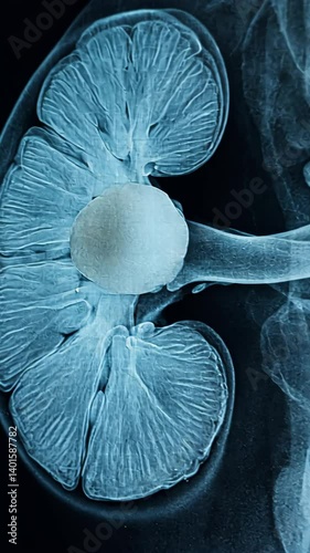 Medical X-Ray Depicting a Detailed View of a Kidney with a Large Kidney Stone Blocking the Renal Pelvis Structure