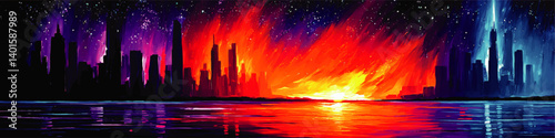 Vivid Colorful Skyline Vector Illustration Featuring Burning Sunset City Silhouette Reflections and Starry Night Sky Futuristic Dramatic Digital Abstract Background