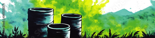 Colorful Vector Illustration of Industrial Pipes in Natural Landscape Scene with Mountains Sky Grass Artistic Environmental Concept Vibrant Contrast Abstract Background