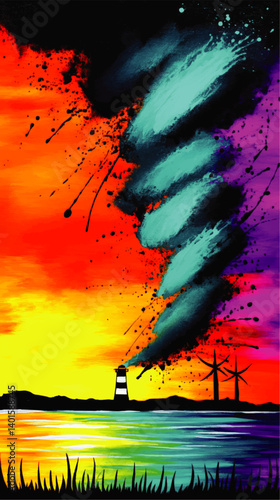 Colorful Artistic Vector Illustration of Turquoise Tornado Near Striped Lighthouse and Wind Turbines at Sunset Over Water Vibrant Dramatic Creative Nature Scenery Art