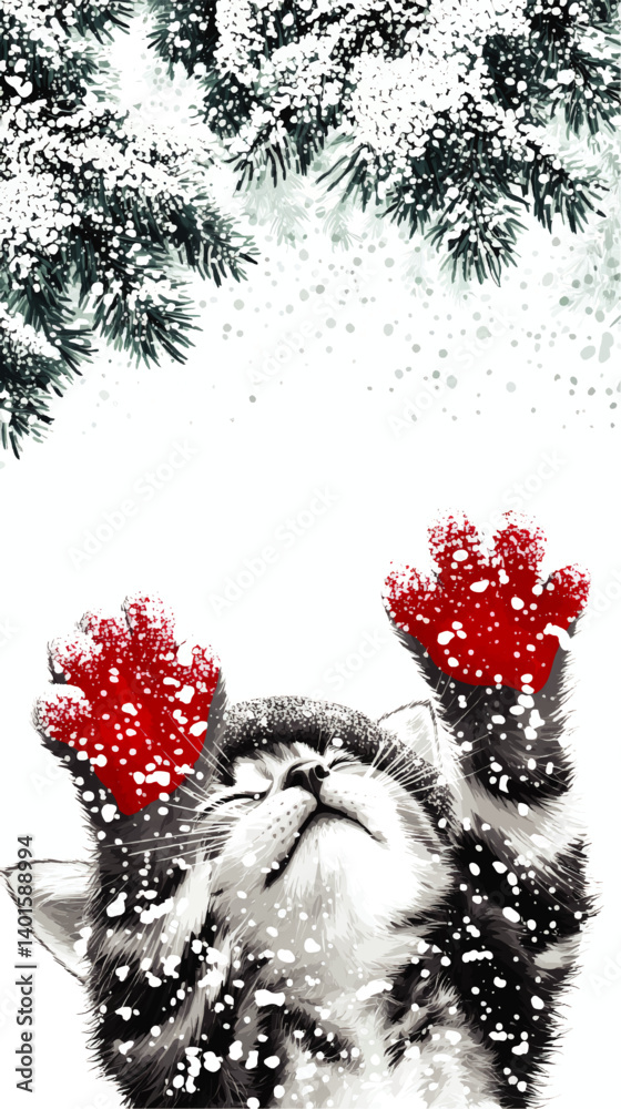 Adorable Winter Scene Vector Illustration of Cute Kitten Wearing Red Mittens Playing in Snow with Pine Branches Covered in Fresh Snow for Festive Seasonal Designs