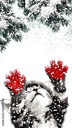 Obraz na płótnie Adorable Winter Scene Vector Illustration of Cute Kitten Wearing Red Mittens Playing in Snow with Pine Branches Covered in Fresh Snow for Festive Seasonal Designs w salonie