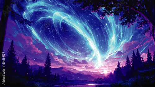 Enchanting Night Sky Landscape Vector Illustration Featuring Blue Starry Celestial Patterns Glowing Aurora Purple Twilight Forest and Mountain Scenic Nature Background