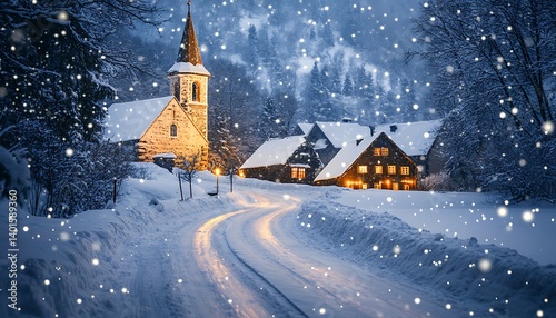 Snowy Village Church at Night