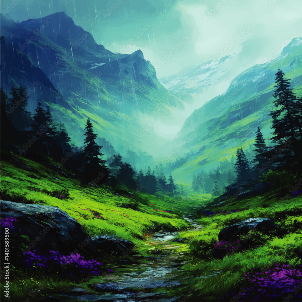 Stunning Rainy Mountain Valley Scene With Pine Trees Rocks Purple Flowers and Misty Stream in a Beautiful Scenic Landscape Digital Vector Artwork Illustration Background