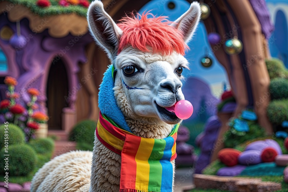 Fototapeta premium Colorful Llama with Coral Hair and Rainbow Scarf Chewing Bubble Gum in a Fun Fantasy Landscape