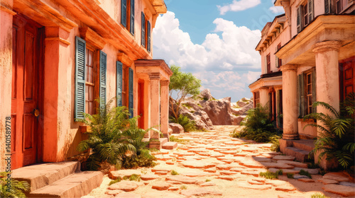 Detailed Vector Illustration of Mediterranean Street with Old Architecture Stone Pathway Plants Blue Sky White Clouds Warm Sunlight Vacation Travel Scenic Background