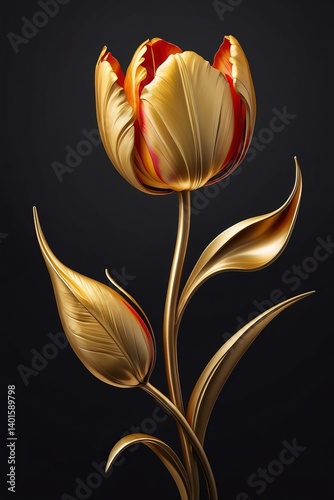 Metallic gold tulip with leaves on black background