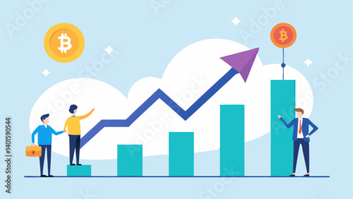 Investment Graph An upward trending graph with digital currency symbols soaring while below a group of smaller figures looks on the widening investment gap in digital