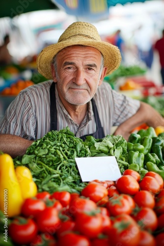 The vendor arranges fresh tomatoes and leafy greens at a local market stall overflowing with colorful produce. The bright, bustling atmosphere encourages a healthy diet