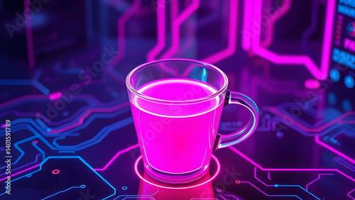 A cyber punk mug sits near an electronic circuit board with a processor and a glass of beer on a table