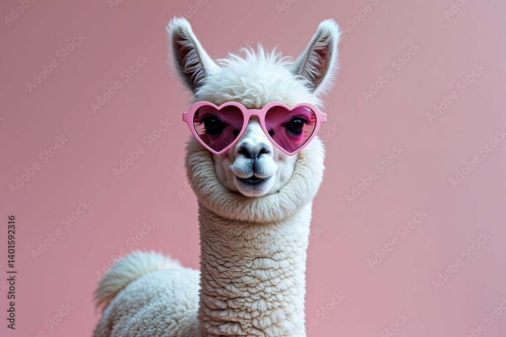 Fototapeta premium Cute White Alpaca Wearing Pink Heart Sunglasses on Pastel Pink Background Ideal for Valentine's Day Greeting Card