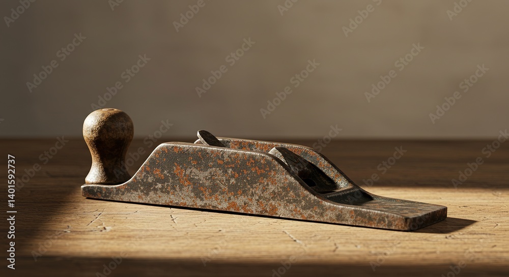 Rusty Old Hand Plane on a Weathered Wooden Plank Surface. Rusty Old Hand Plane on a Weathered Wooden Plank Surface.