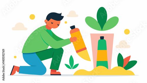 Natures Palette A cheerful artist is depicted kneeling beside a large canvas on the ground squeezing multiple tubes of green yellow and orange toothpaste. The paste forms flowers