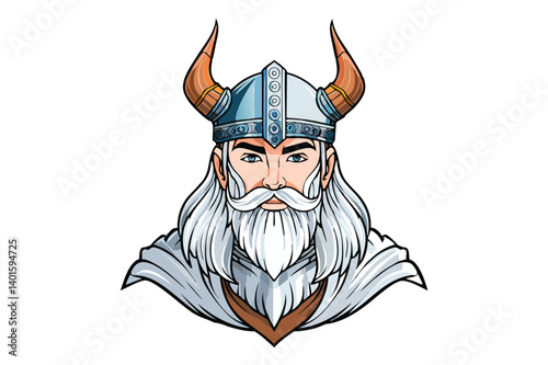 Color portrait of a frowning angry Celtic warrior in a horned helmet, Viking or Gallic warrior, 