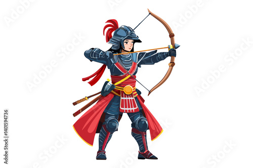 Japanese samurai warrior - woman in helmet and armor with longbow, Japanese archer