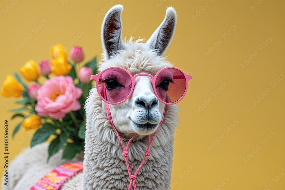 Fototapeta premium Cute Light Grey Llama Wearing Pink Round Sunglasses on Vibrant Yellow Background