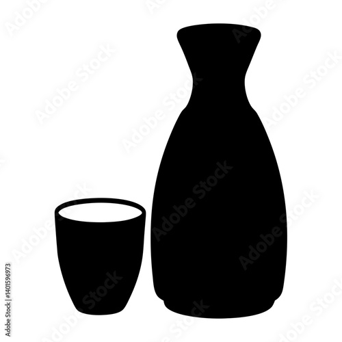 sake bottle and cup black silhouette icon - of a soft drinks sake bottle and cup simple vector art