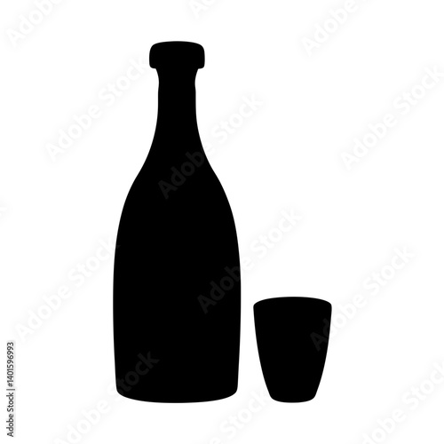 sake bottle and cup black silhouette icon - of a soft drinks sake bottle and cup, simple vector art