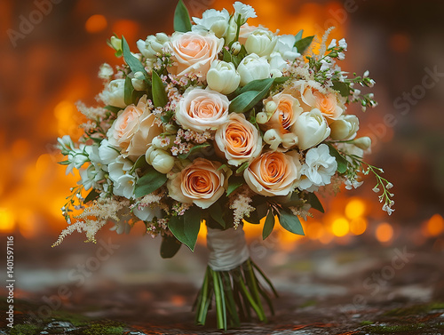 Peach and white bridal bouquet, warm background photo