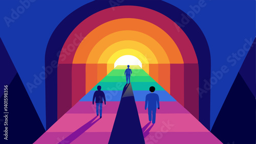Radiant Tunnel A long tunnellike portal illuminated with gradients of bright colors. Shoppers are walking hand in hand excitedly discussing their purchase strategies as they enter.