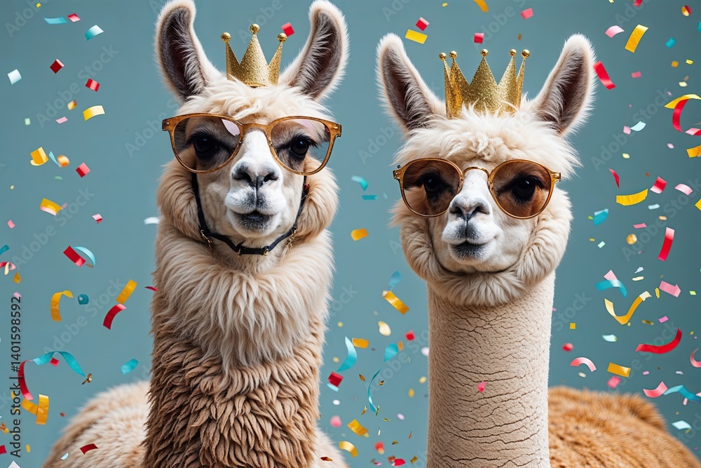 Fototapeta premium Playful Beige Llama and Alpaca in Sunglasses and Crown Surrounded by Colorful Confetti for Joyful Birthday Celebration Design