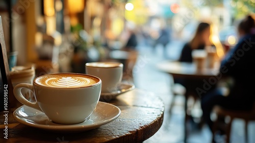 Two coffee cups with latte art on wooden table in bustling cafe