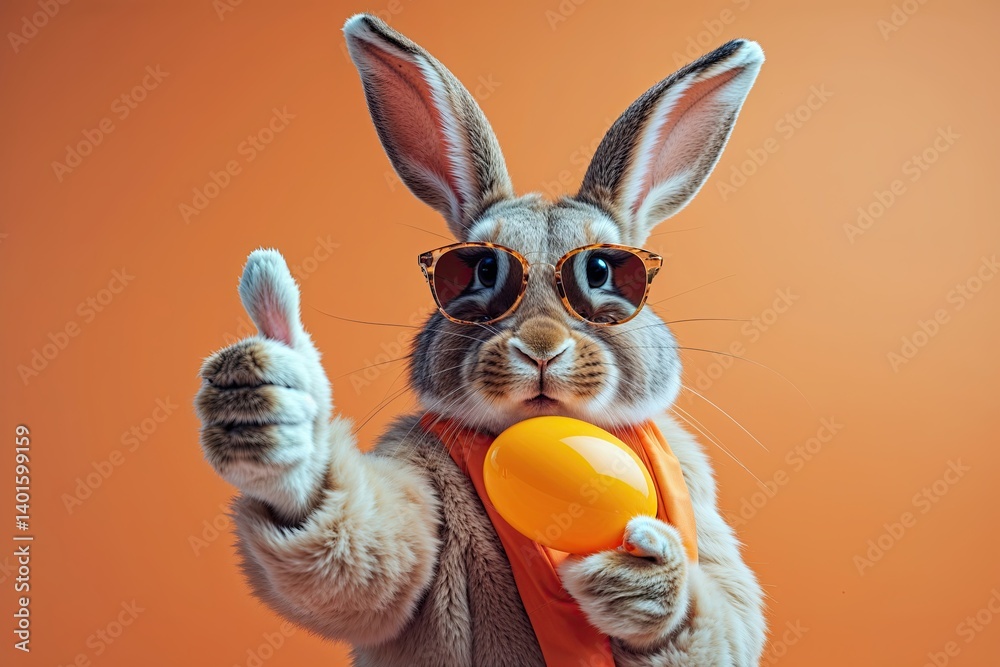 Humorous Easter Bunny Rabbit Wearing Sunglasses Giving Thumbs Up on Vibrant Orange Background