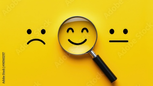 Customer review satisfaction feedback survey concept to gather insights and improve its services. A magnifying glass focuses on smile face among different feedback emoticons on yellow background