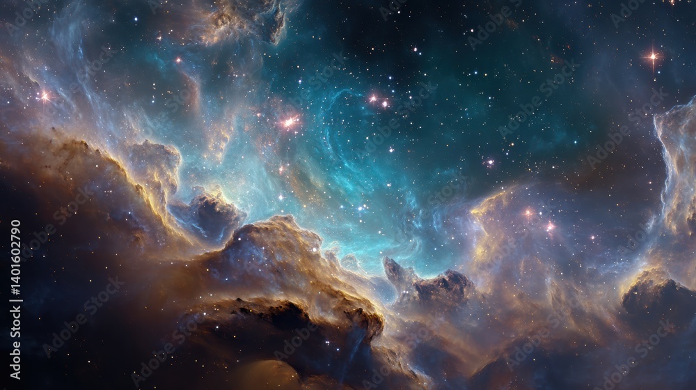 Fototapeta premium A stunning nebula illuminated with shades of blue and orange, showcasing distant stars and cosmic clouds. The vastness of space creates a mesmerizing perspective of the universe
